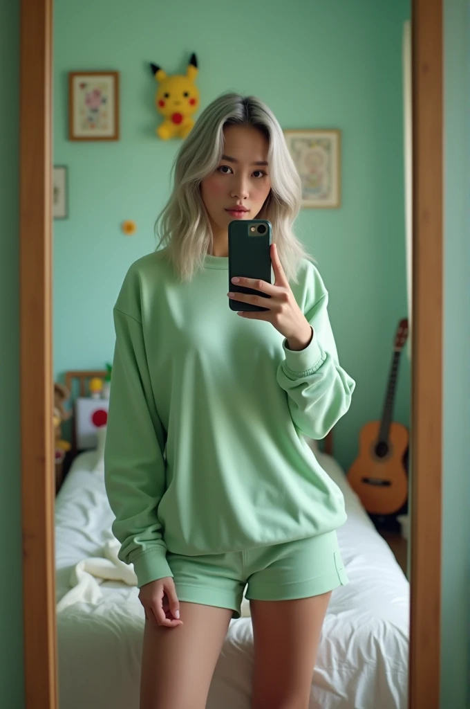 Young girl of mixed South Korean and Mexican nationality with medium-sized butt, thighs and breasts, grayish blonde hair, gray eyes, wearing a pastel green sweatshirt and short shorts, takes a selfie in the mirror of her room with pink walls, an unmade bed, a guitar in a corner of the room and several Pokemon stuffed animals