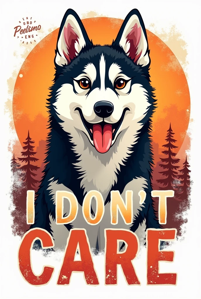 vector t-shirt design vintage retro bold colors and oranges sunset distressed black style design, a cute siberian husky with its tongue out looking at the camera, with text "FUN FACT! I DON'T CARE", typography, kawaii style on a crip white background, illustration, typography