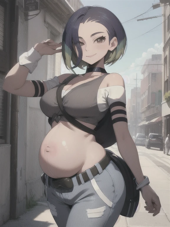 (masterpiece, best quality:1.2), highres, solo, 1 pregnant girl, perrin, smile, looking at viewer, walking, crop top, pants, choker, belt, midriff, city street, cowboy shot, large breasts, cleavage, large ass, third trimester of pregnancy, skindentation