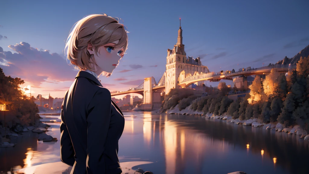 1 girl, medium light gold hair, light blue eyes, wearing black suit, night city, absurdres, high res, ultrasharp, 8K, masterpiece, looking from behind
