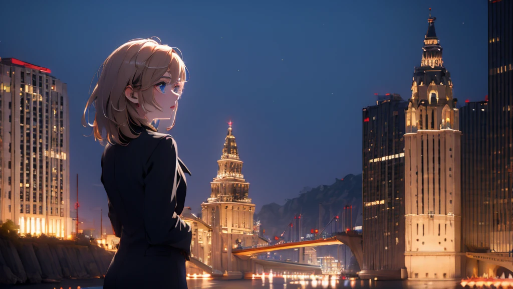 1 girl, medium light gold hair, light blue eyes, wearing black suit, night city, absurdres, high res, ultrasharp, 8K, masterpiece, looking from behind