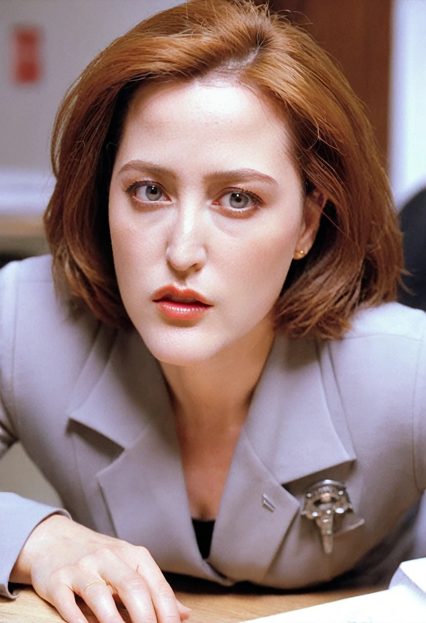 Gillian Anderson as Dana Scully, long hair, wearing an FBI uniform, standing with hands resting on a table, looking at the viewer, fucking hard, open legs, squirting hard, anal fuck with a terminator, orgasm face, angry fuck, in a office, at night