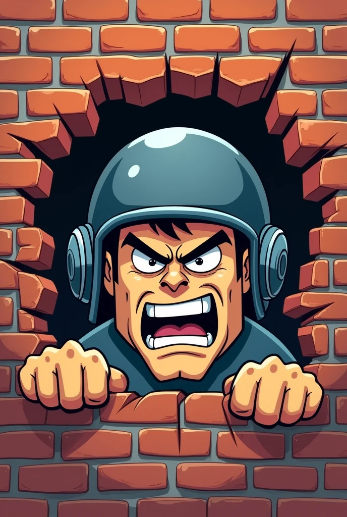 man breaking the brick wall with helmets on the head, cartoon style,head only, without body, je form just like want to put from bricks wall, angry face and hes hand tear the wall like want to break the wall