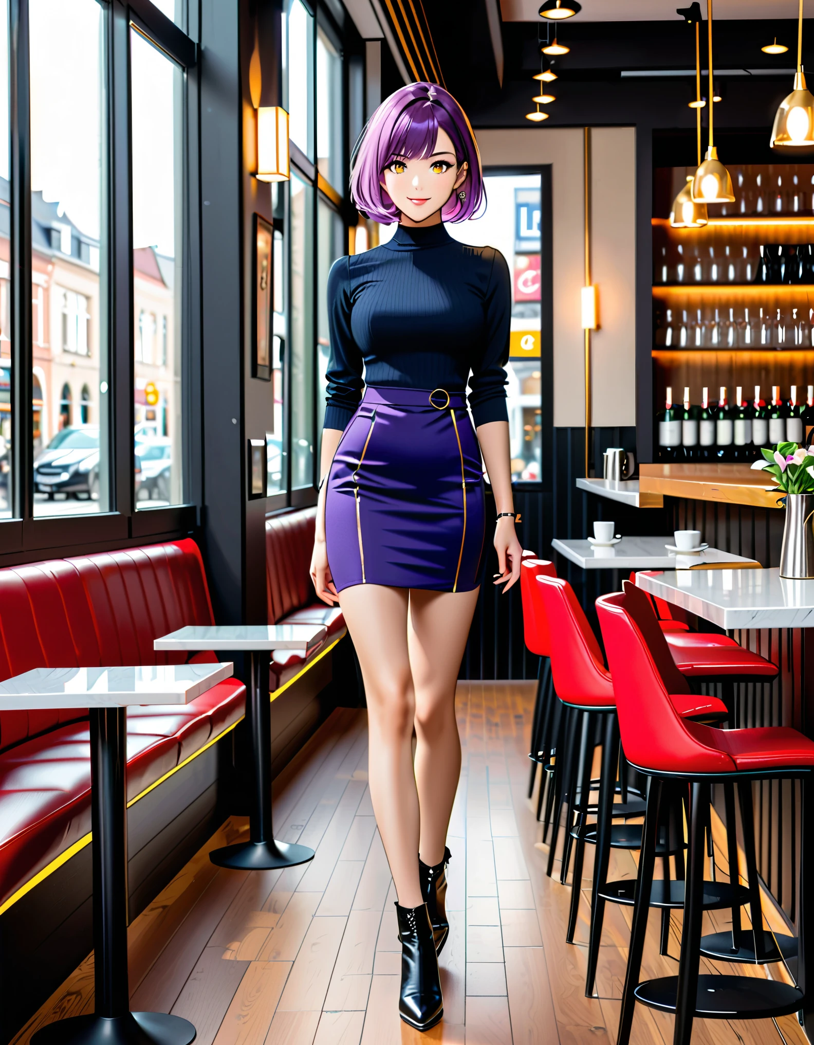 .Full body photograph of a cute and attractive woman with purple bob hair and hazel eyes in a trendy cafe with many windows ::3 Trendy, modern form - fitting clothing that accentuates her perfect body ::2 Photograph captured using a Canon 6D Mark II with an 85mm lens at f/ 4 and ISO 100 ::3 Glamour shot, award - winning photograph, sharp focus, dynamic lighting ::1