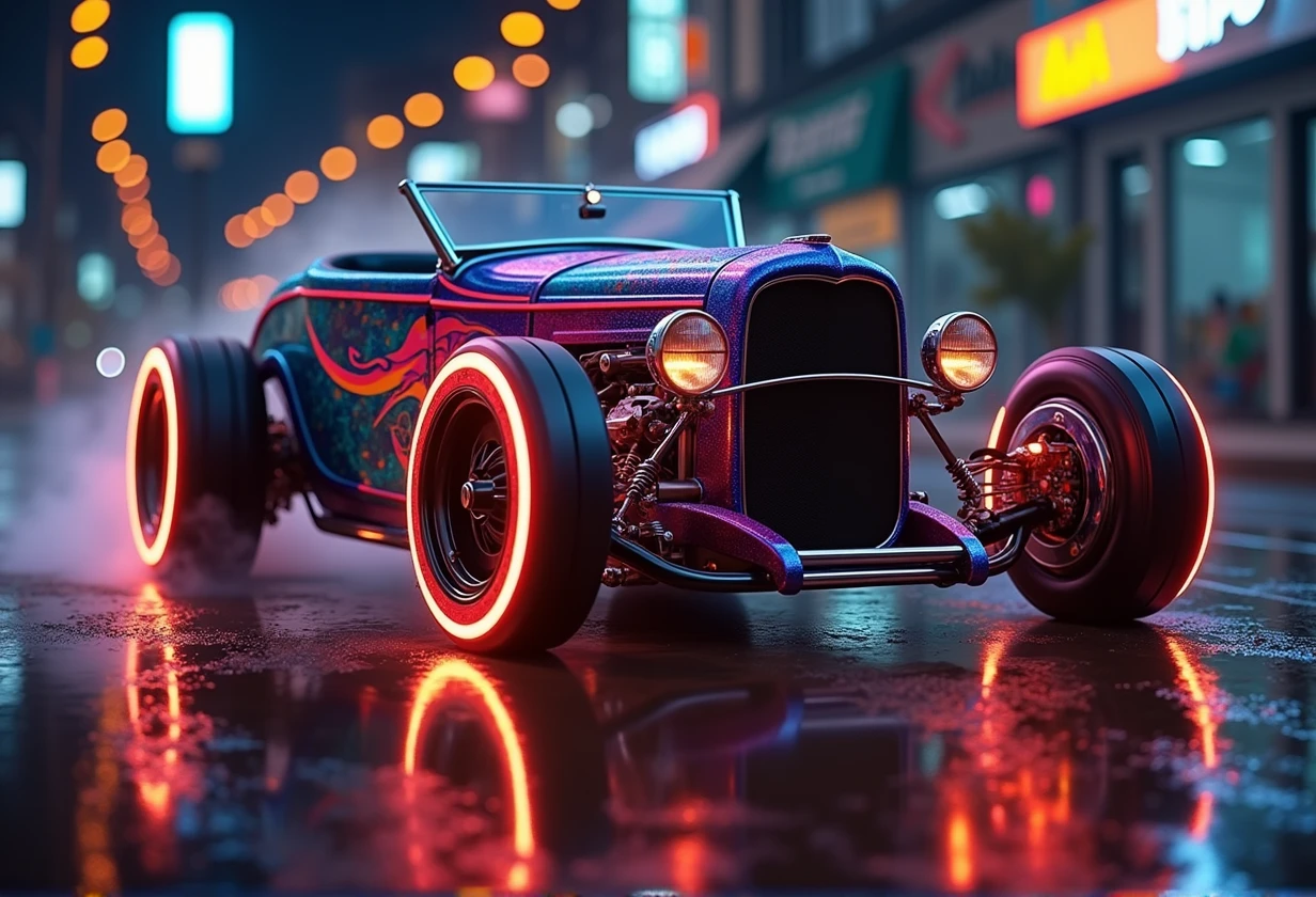 (masterpiece, best quality, ultra-detailed, 8K), 1932 Ford Roadster Hot Rod, street racing-inspired,Drifting inspired, LED, ((Twin headlights)), (((Bright neon color racing stripes))), (Black racing wheels), Wheelspin showing motion, Show car in motion, Burnout, wide body kit, modified car, racing livery, masterpiece, best quality, realistic, ultra highres, (((depth of field))), (full dual colour neon lights:1.2), (hard dual color lighting:1.4), (detailed background), (masterpiece:1.2), (ultra detailed), (best quality), intricate, comprehensive cinematic, magical photography, (gradients), glossy, Night with galaxy sky, Fast action style, fire out of tail pipes, Sideways drifting in to a turn, Neon galaxy metalic paint with race stripes, aesthetic,intricate, realistic,cinematic lighting, Neon Paint, streaks of fire,