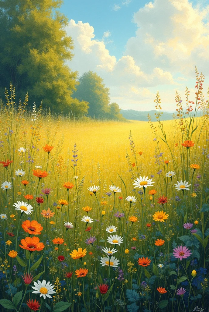 Sun-drenched meadow, wildflowers, Monet style, vibrant colors.