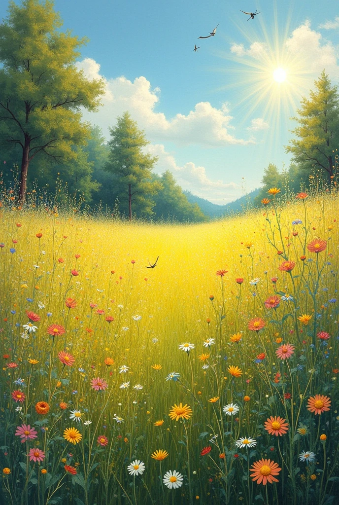Sun-drenched meadow, wildflowers, Monet style, vibrant colors.