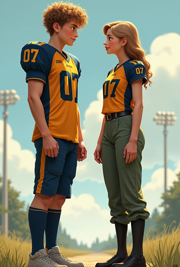 A boy with curly hair, 7 feet tall and fair skin who's a footballer wearing shayaank no.07 jersey facing behind With his sister who is 6 feet tall, wavy hair and light brown skin who's a Indian soldier facing front (girl in long pants, soldier's uniform look and boy in proper football wear) both of same age around 20 , boys facing behind and girl facing infront (both facing opposite direction
