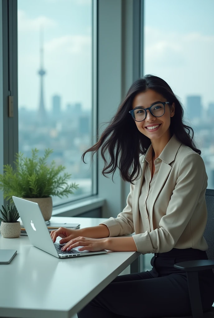 A women , black hairs , smiling , wearing glasses , well office dressed , sitting in well maintained office made of glass work at 12th floor , MacBook
using , energized and positive