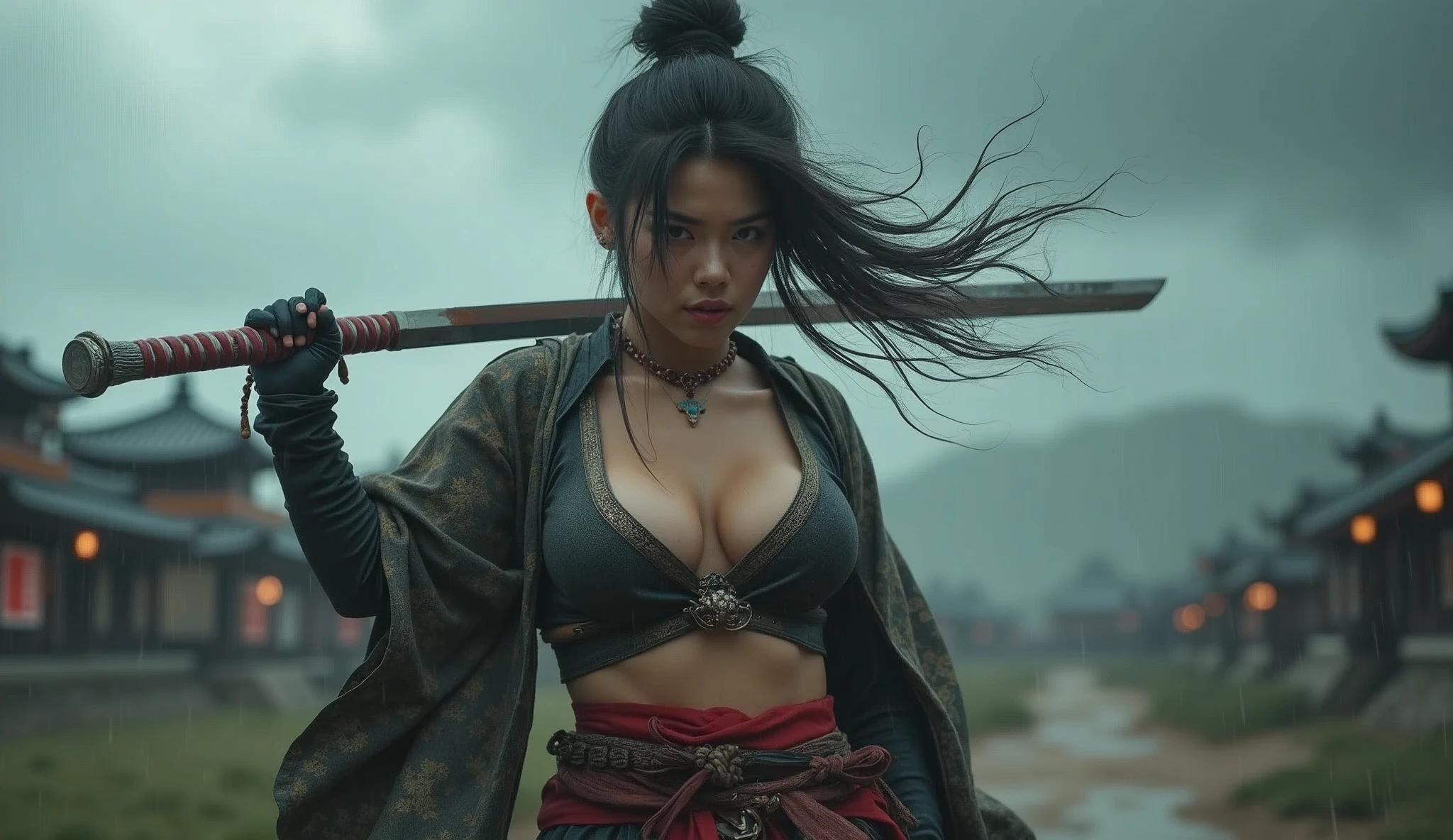 beautiful japanese woman with big breasts in revealing short samurai costume, fighting pose, confident look, battlefield, strong wind, heavy rain, thunderstorm