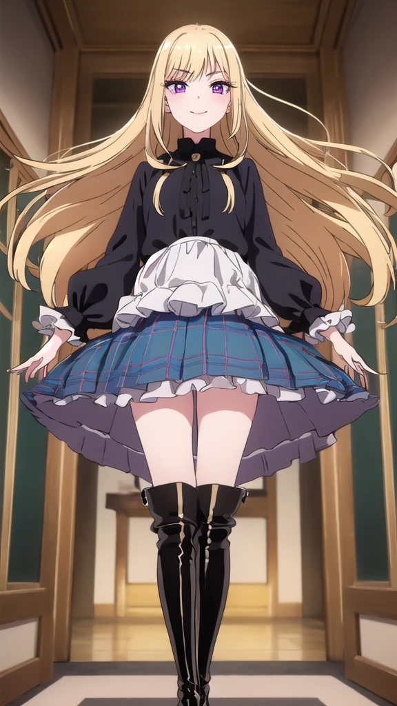 1 girl, solo, an extremely beautiful frame, great view, detailing, HD frame, (( ultra quality )) , A beautiful girl, patent leather boots,
blonde hair, shiny figure, Pink eyes, manicure, full length, plaid skirt, I am hooded, bracelets, black thigh-high boots, heels, room, night, lamps are on, nice smile, long hair, Thin legs, 8k,
aesthetics of privacy, clear frame, Looking at the viewer, (( drawing many details )) , take into account all the shortcomings,