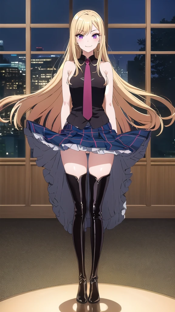 1 girl, solo, an extremely beautiful frame, great view, detailing, HD frame, (( ultra quality )) , A beautiful girl, patent leather boots,
blonde hair, shiny figure, Pink eyes, manicure, full length, plaid skirt, I am hooded, bracelets, black thigh-high boots, heels, room, night, lamps are on, nice smile, long hair, Thin legs, 8k,
aesthetics of privacy, clear frame, Looking at the viewer, (( drawing many details )) , take into account all the shortcomings,
