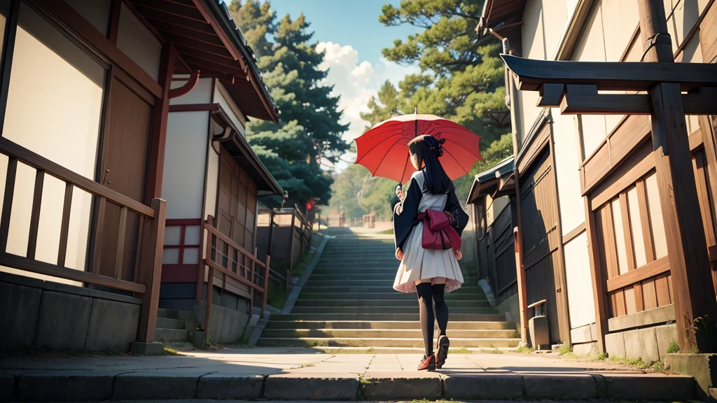 there is a anime girl standing on a set of steps with an umbrella, takato yomamoto.  inspired by Torii Kiyomoto, japanese art style, inspired by Torii Kiyomitsu, inspired by Torii Kiyomasu, inspired by Kōshirō Onchi,