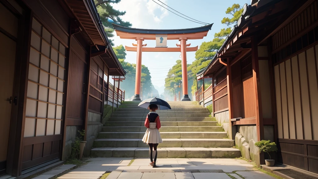 there is a anime girl standing on a set of steps with an umbrella, takato yomamoto.  inspired by Torii Kiyomoto, japanese art style, inspired by Torii Kiyomitsu, inspired by Torii Kiyomasu, inspired by Kōshirō Onchi,