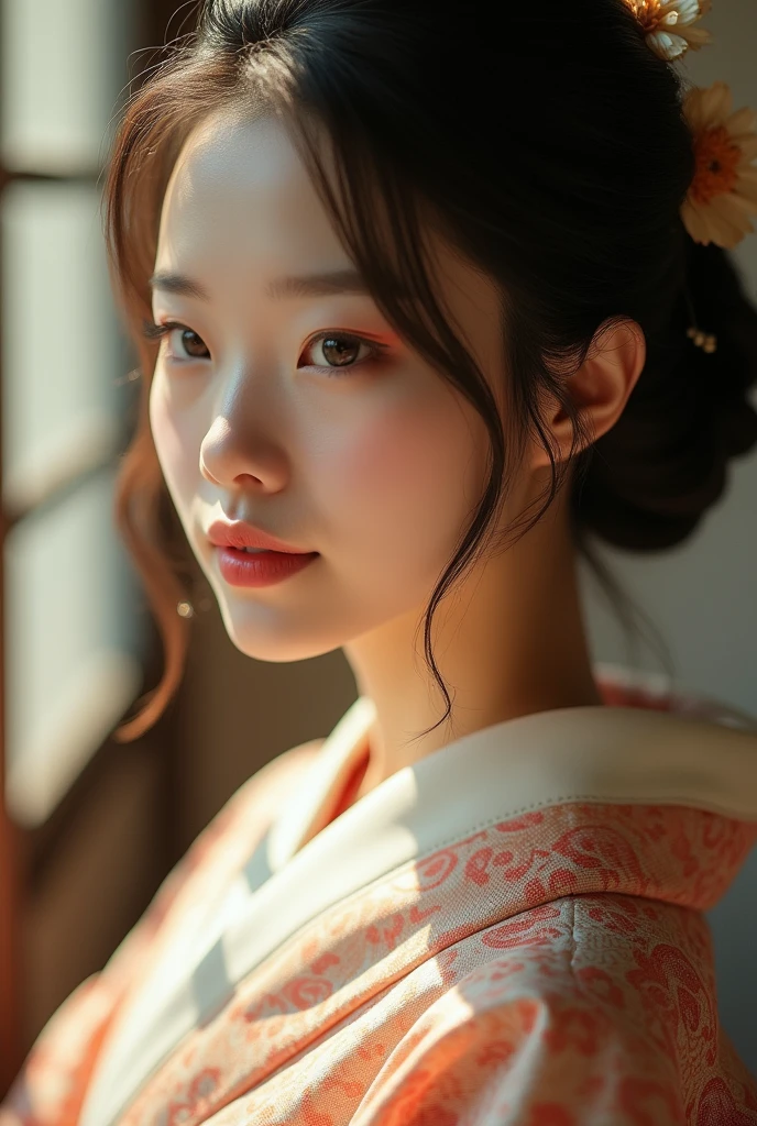 An elegantly dressed Japanese woman in natural light、A close-up of her chest and calm expression.、It shows her inner peace and outer charm.。
