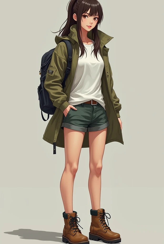 A well-built and confident Japanese woman. She has long, dark brown hair that is often left down or sometimes tied in a ponytail, and brown or black eyes that show determination and focus. She wears comfortable, easy-going clothing, such as t-shirts or long-sleeved shirts, along with shorts, when traveling. She may sometimes wear a windbreaker jacket and hiking boots to prepare for her vorephilia exploration. (((full body)))