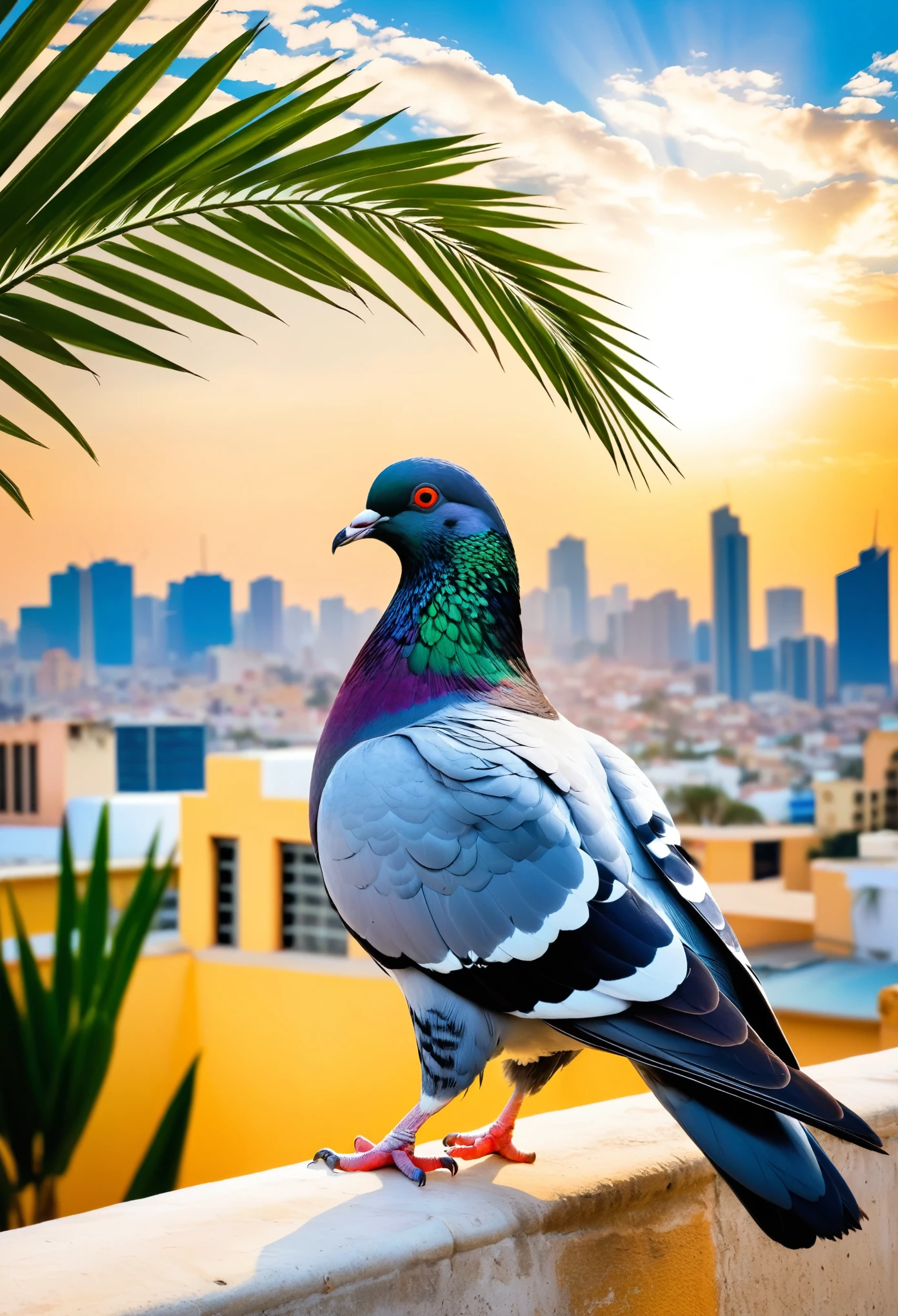 a pigeon with a palm branch in its beak above the city