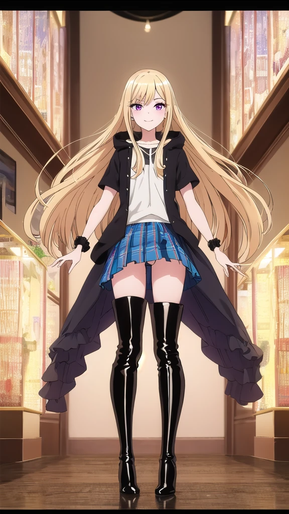 1 girl, solo, an extremely beautiful frame, great view, detailing, HD frame, (( ultra quality )) , A beautiful girl, patent leather boots,
blonde hair, shiny figure, Pink eyes, manicure, full length, plaid skirt, I am hooded, bracelets, black thigh-high boots, heels, room, night, lamps are on, nice smile, long hair, Thin legs, 8k,
aesthetics of privacy, clear frame, Looking at the viewer, (( drawing many details )) , take into account all the shortcomings,