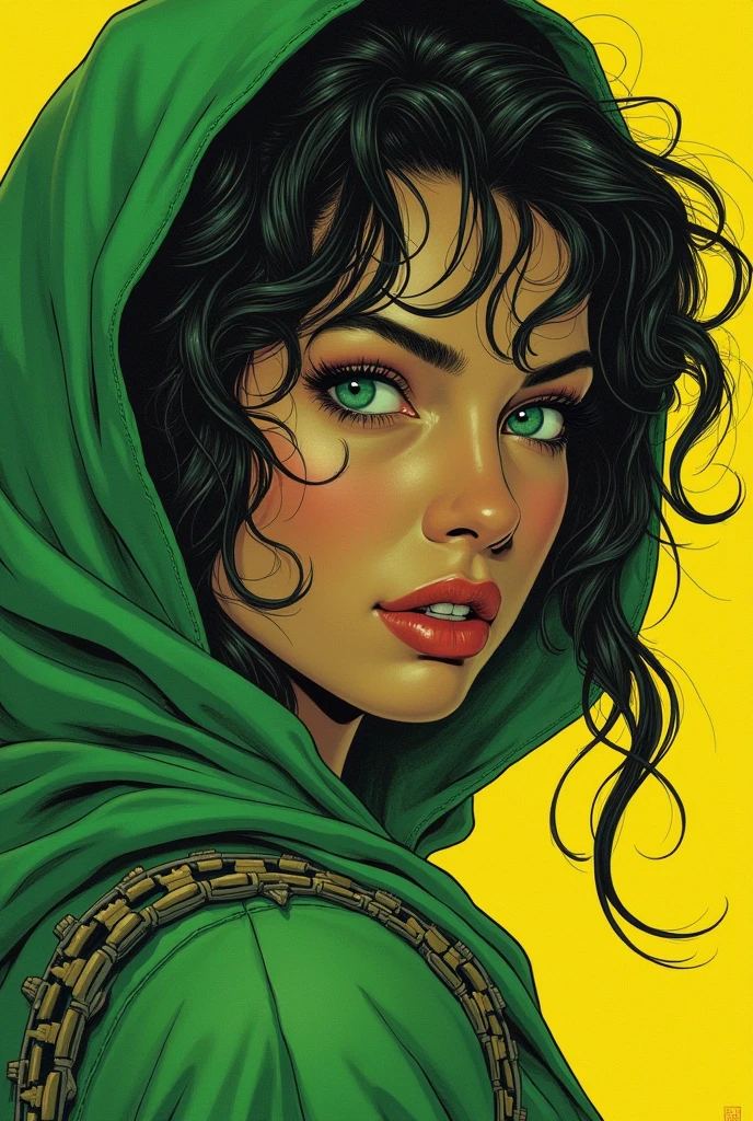 Close-up of woman in green and yellow clothing, Heavy metal manga cover art, Barbarela, ashthorpe, Official Art, panoramic widescreen view, Mecca Days, Matte tinting, 1970s, syndicate(2012), psychic, nebula, Juan Jimenez, 1 9 7 0 seconds