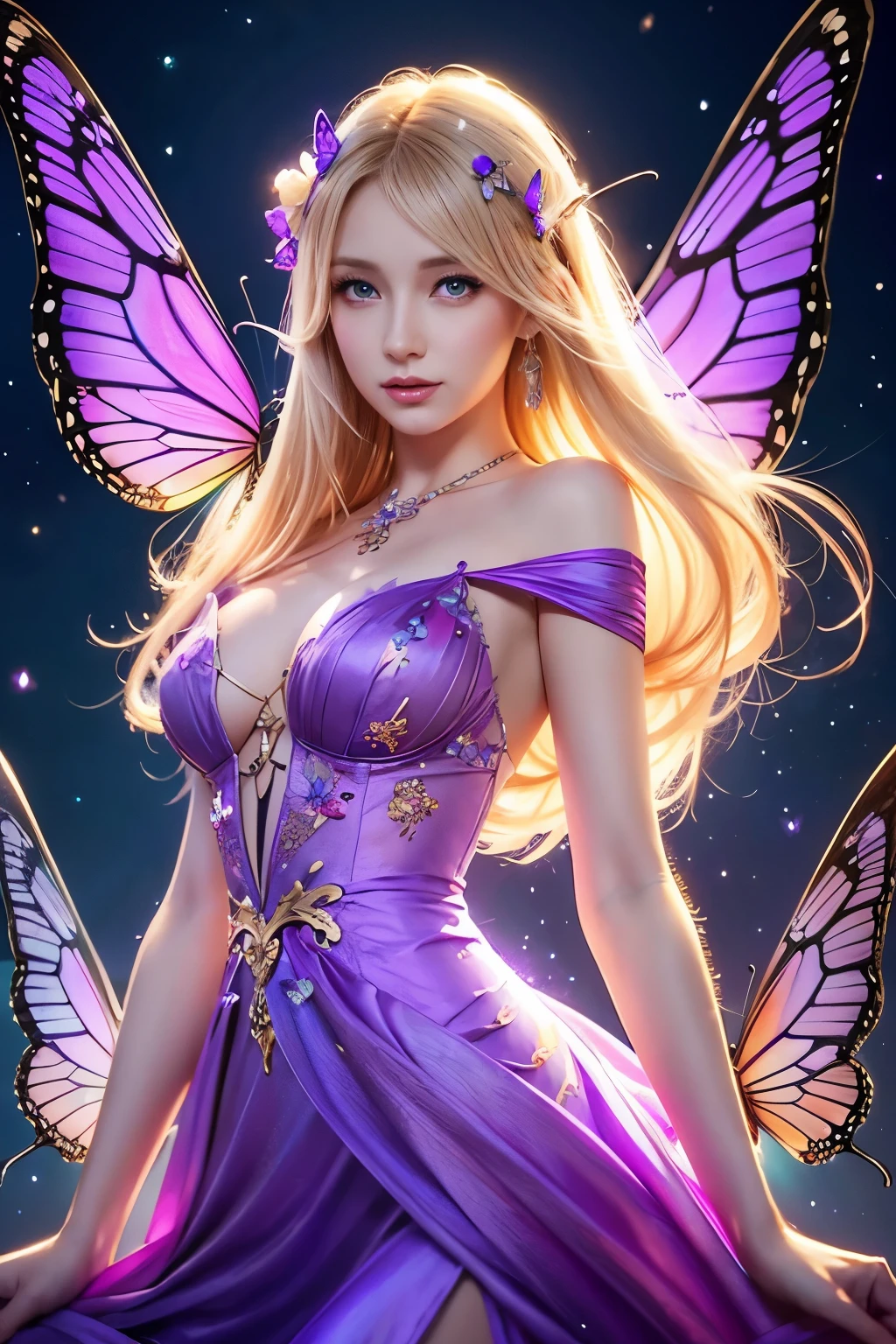 woman in purple dress with butterflies flying around her fantasy art style blonde woman in fantasy dress stunning beauty beautiful fantasy art celestial beauty fantasy gorgeous lighting fantastic fantasy very beautiful fantasy art detailed fantasy art fantasy style fantasy art digital fantasy art) Detailed fantasy digital art Fairy aesthetics 8K high resolution detailed art Large and well-defined eyes High nose Beautiful woman
