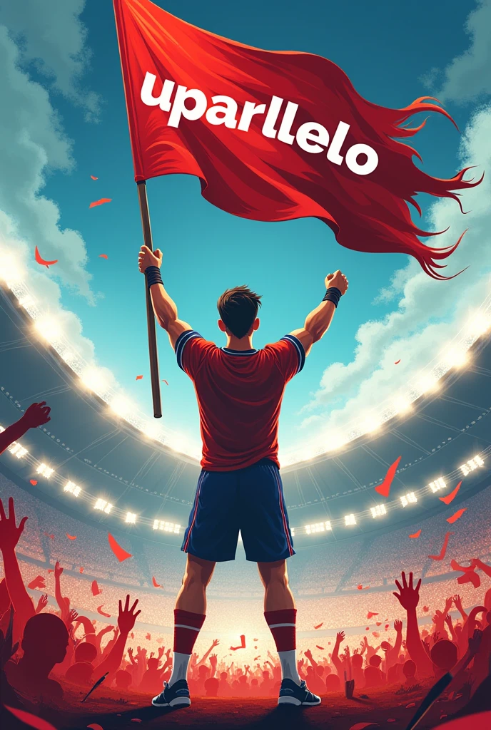 Create a banner of a player holding a flag with uparallelo written on it