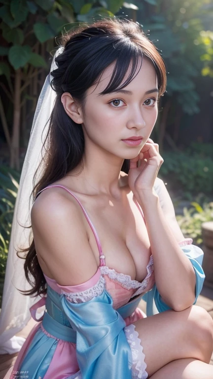 8k, RAW Photo, Best Quality, Masterpiece: 1.2), (Realistic, Photo Realistic: 1.4), {{{1girl}}},, Depth of Field, Full Body, Cinematic Lighting, princess 18 years old cute, (small ，cleavage), Beautiful Facial Features, Beautiful Body, Sweating, , Depth of Field, Skin, Ears, Pale Skin, Best Quality, Masterpiece, Illustration, an extremely deciple and beautiful, extremely detailed,CG,unity,8k wallpaper,amazing,finely detail,master,best quality,official art,extremely detailed CG unity 8k wallpaper,ridiculous,incredibly ridiculous,huge file size, super verbose, high resolution, very verbose, Beautiful detailed girl, very detailed eyes and face, beautiful detailed eyes, light on face, (Hanfu: 1.1), lace silk thin, petticoat,  white pink, blue
