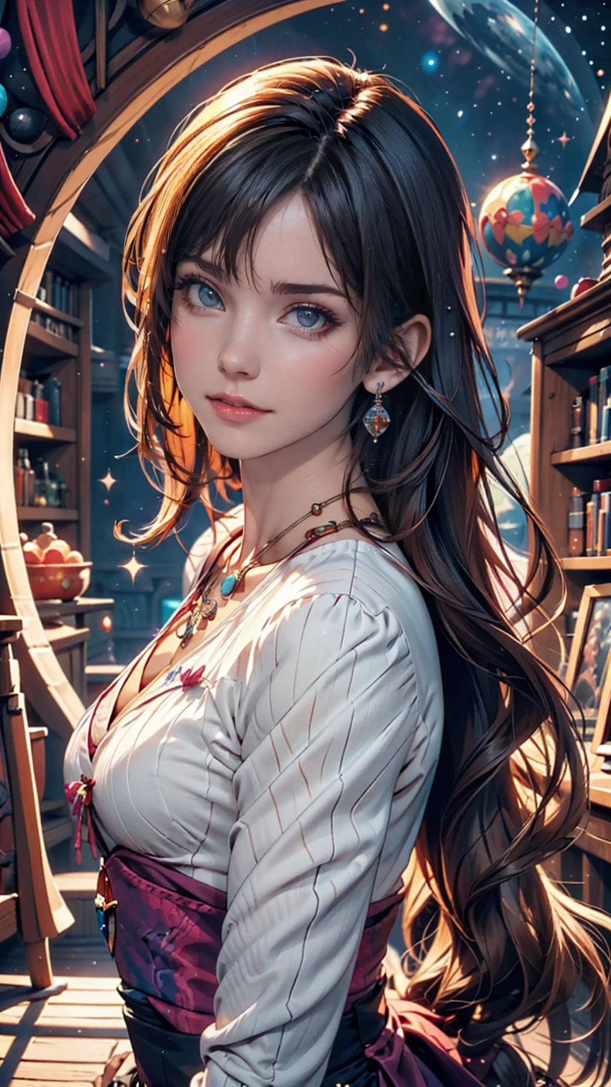 Close-up of a woman with colorful hair and necklace, Anime girl with space-like hair, Soft vitality of Ross Dres, Gubes-inspired artwork, Fantasy art style, colorful], Vivid fantasy style, Ross draws vibrant cartoons, universe and colorful, Gwaiz, colorful digital fantasy art, Great art style, Beautiful anime style, White skin, hulk clothes