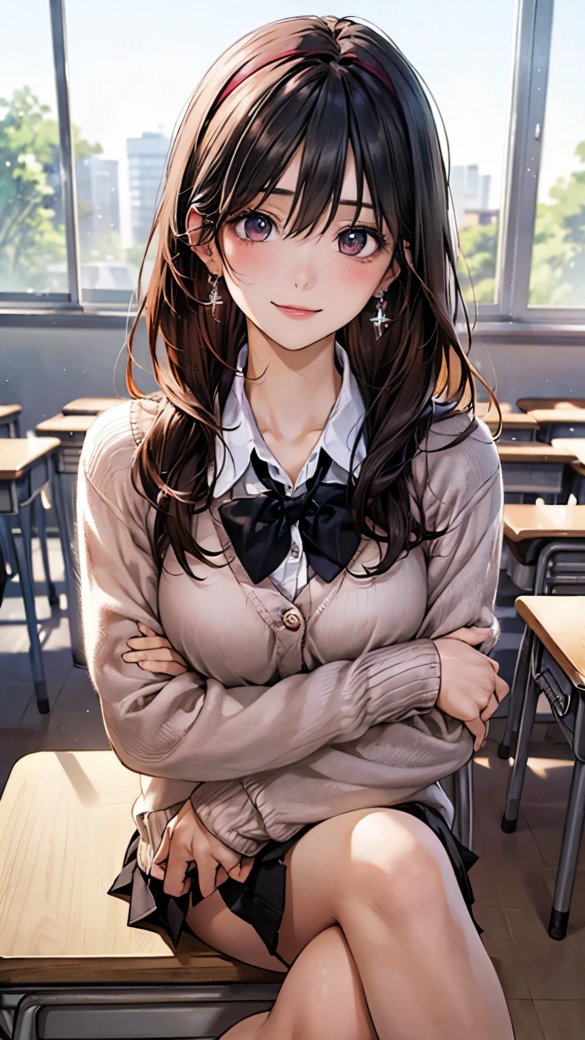 (masterpiece:1.2, highest quality), (realistic photo:1.4), beautiful illustrations, (natural side lighting, movie lighting), 
looking at the viewer, (((pov across table))), 1 girl, japanese, high school girl, perfect face, cute symmetrical face, shiny skin, baby face, 
(long hair, straight hair, black hair), hair between eyes, maroon eye idol chest, seductive thighs, big ass), earrings, break (dark red hairband, dark red flat bow tie), break
beautiful hair, beautiful face, detailed and beautiful eyes, beautiful clavicle, beautiful body, beautiful breasts, beautiful thighs, beautiful feet, beautiful fingers, slender, 
(white collared shirt, long sleeve pink knit cardigan, black pleated mini skirt, ), 
(beautiful scenery), evening, (school classroom:1.2), (school desk, school textbook, crossed arms), (cute smile, upper eye)