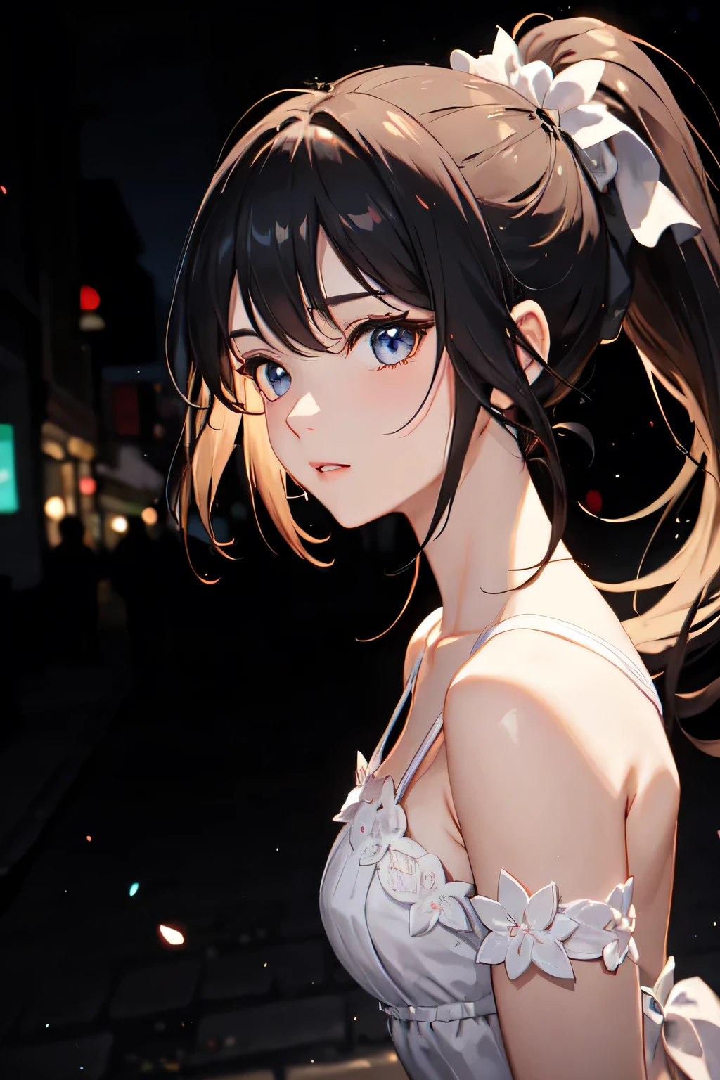 One girl, White dress,ponytail , Almond Eye, Depth of written boundary, night, Particles of light, light, Side light,Walking around the city, Fantasy art,Close up of face