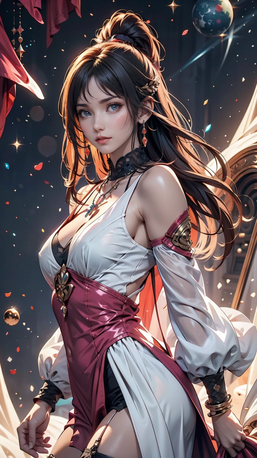 Close-up of a woman with colorful hair and necklace, Anime girl with space-like hair, Soft vitality of Ross Dres, Gubes-inspired artwork, Fantasy art style, colorful], Vivid fantasy style, Ross draws vibrant cartoons, universe and colorful, Gwaiz, colorful digital fantasy art, Great art style, Beautiful anime style, White skin, hulk clothes