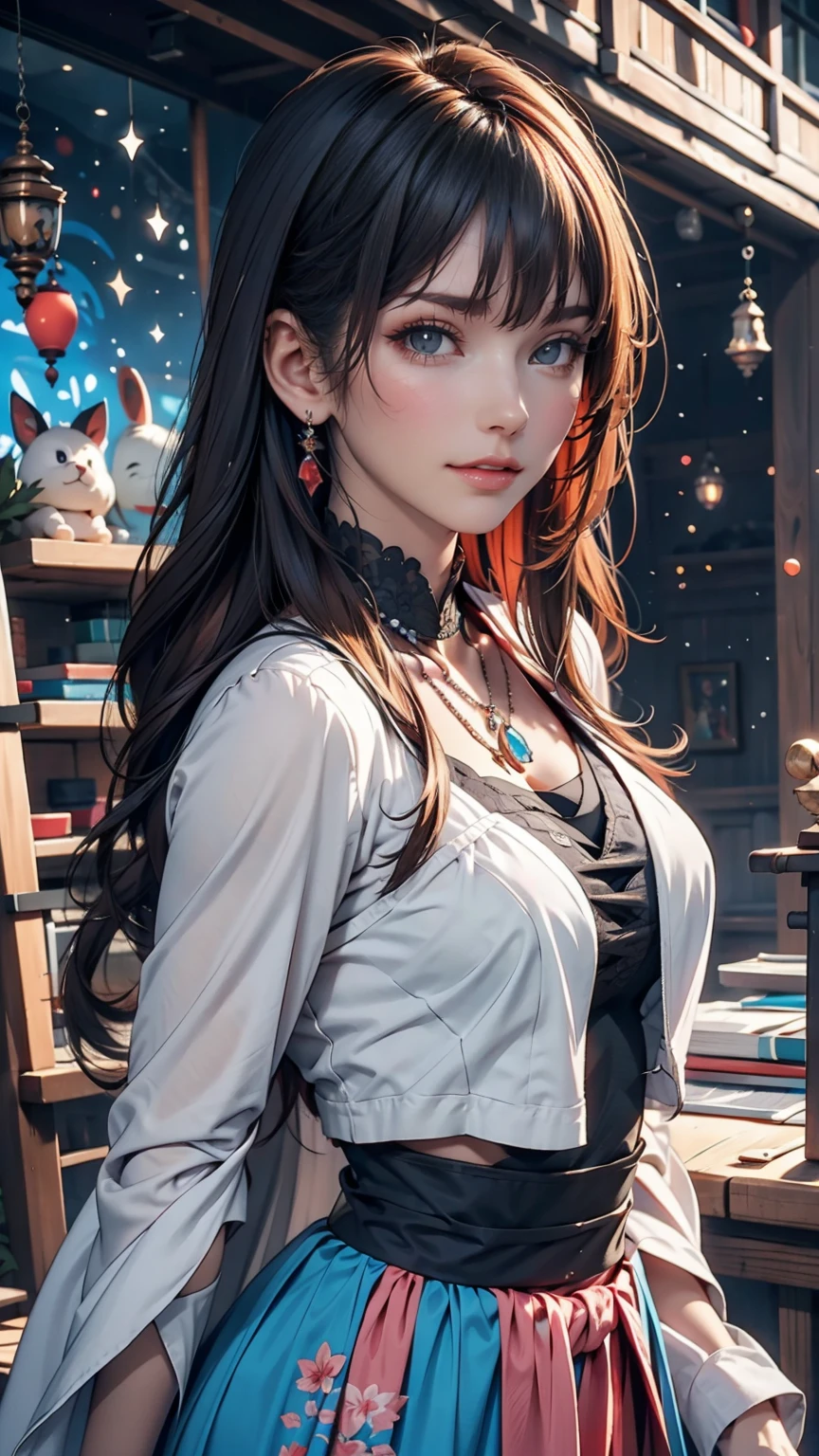Close-up of a woman with colorful hair and necklace, Anime girl with space-like hair, Soft vitality of Ross Dres, Gubes-inspired artwork, Fantasy art style, colorful], Vivid fantasy style, Ross draws vibrant cartoons, universe and colorful, Gwaiz, colorful digital fantasy art, Great art style, Beautiful anime style, White skin, hulk clothes