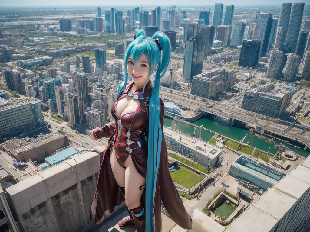 ((Colossal Titan Art、8k、Realistic、Hatsune Miku、Cosplay、Japanese women、Cosplayイヤー、Cute Smile、Big Breasts、非常に緻密なColossal Titan Art、Much larger than a skyscraper、very small metropolis, Miniature metropolis, 靴の高さしかないMiniature metropolisで、City-Destroying Titan、Full body description、Giga Giants、Terra Giants、Crush City、Small Town、Micro City、The giant walks、high top view))、 (Alter ego art、8k、Realistic、Hatsune Miku、Cosplay、Japanese women、Cosplayイヤー、Cute smile、Big Breasts、非常に詳細なAlter ego art、hatsune-miku one girl clones, 1 girl is cloning)
