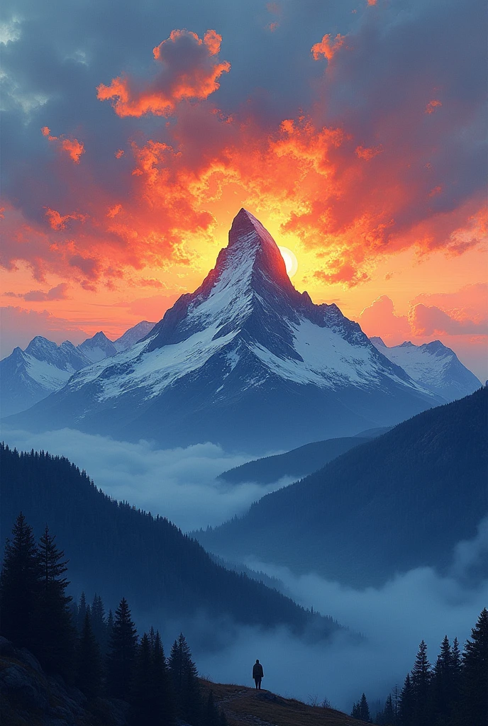 Misty mountain peak, sunrise, dramatic clouds, Van Gogh brushstrokes.