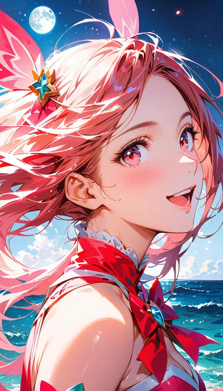 Magical Girl, moon, ocean, happy, perfect quality, (masterpiece: 1.2) (realistic: 1.2) (bokeh) (best quality) (sensitive skin: 1.3) (intricate details) (8k) (Detail Eyes) (clear focus), 