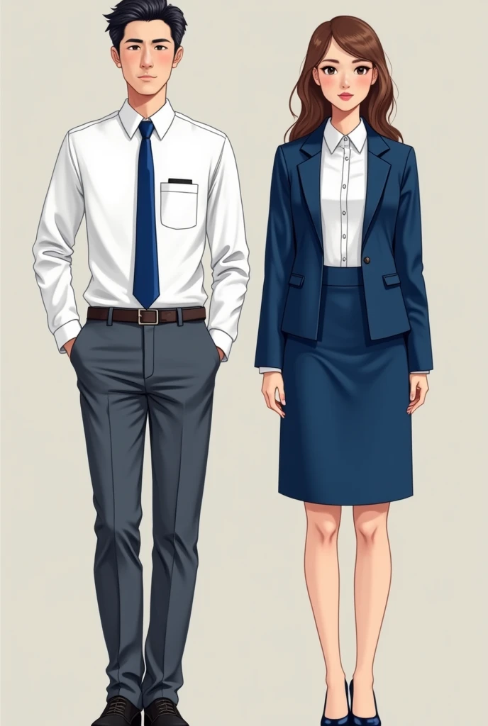 can you help create a teachers uniform design for male and female with the following colors . BLUE, WHITE AND EARTH COLORS