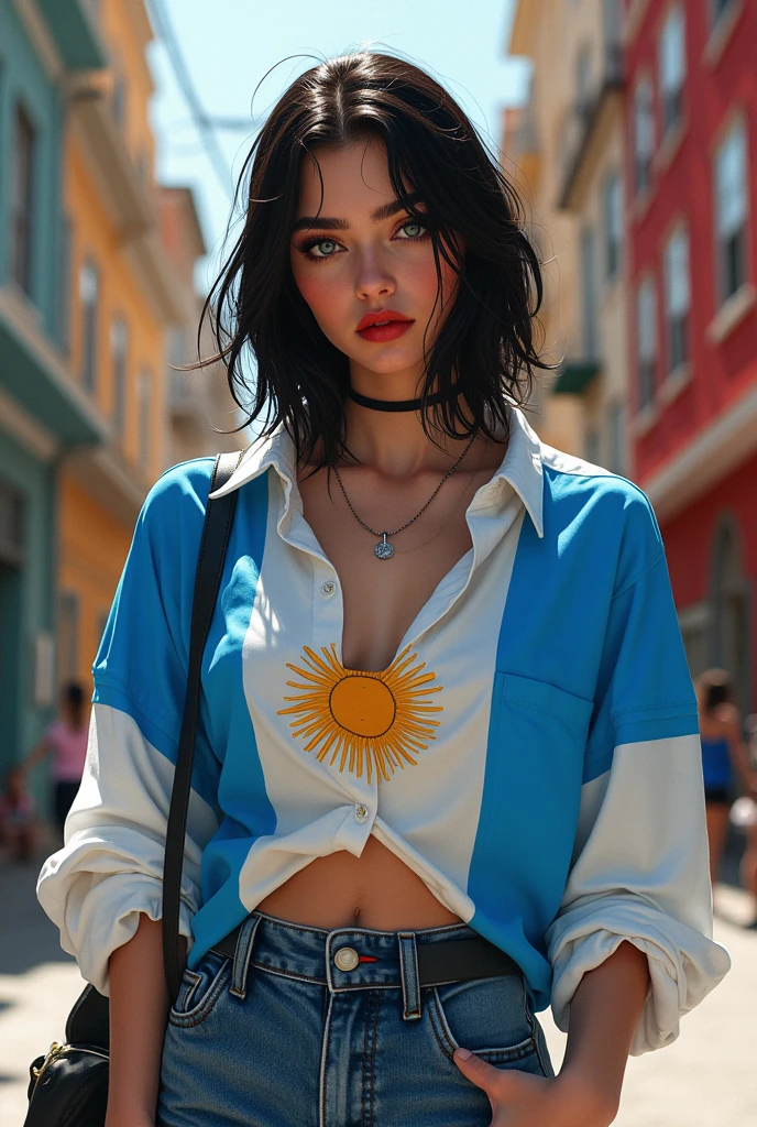 Argentine flag and LGBT together and there is a white-skinned girl, black eyebrows with red makeup and black eyeliner. Clothing style that is loose and large, urban style