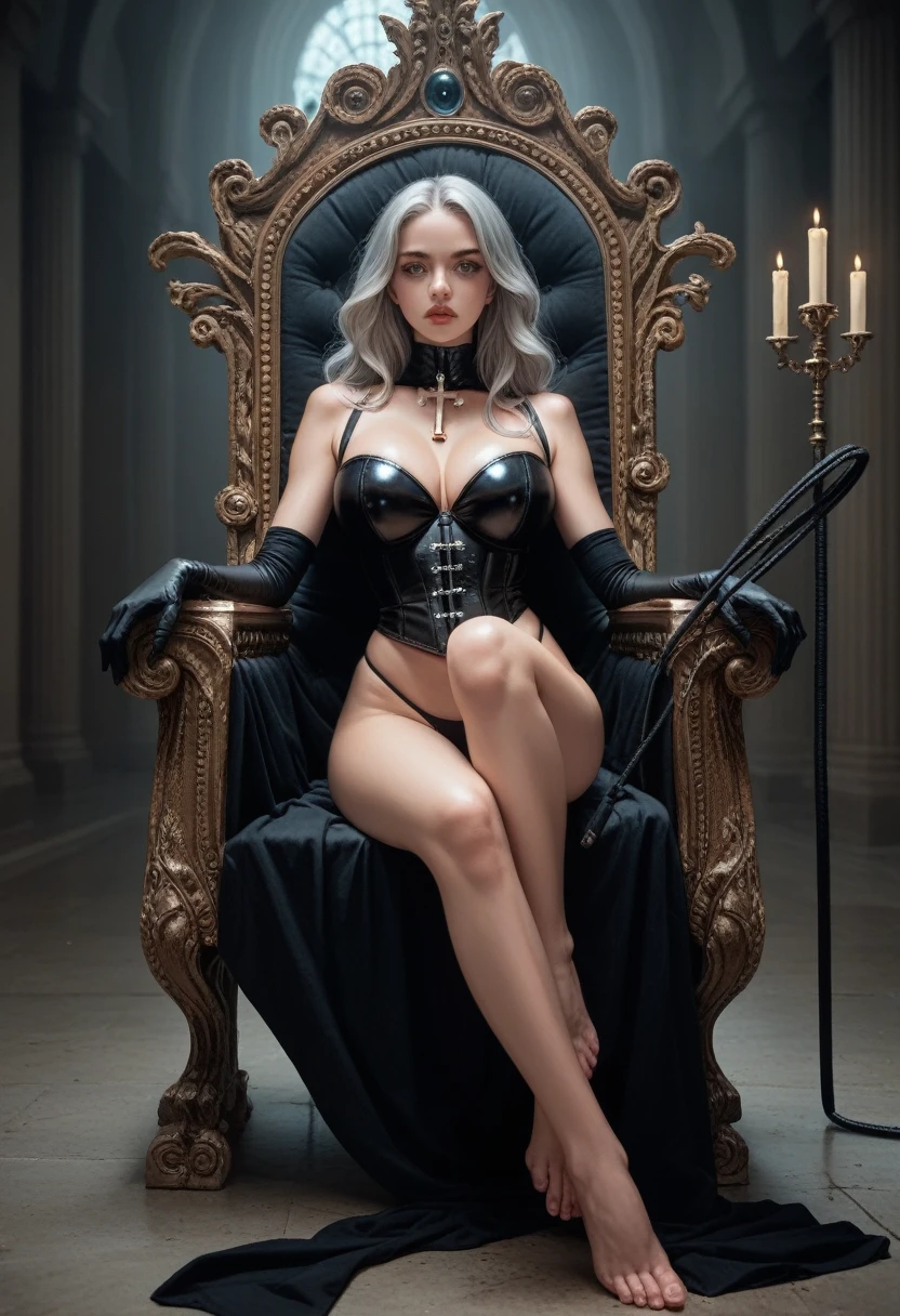 (Table ,Best quality,insanely detailed), BDSM Topics,1. Absolutely beautiful women,ideal figure,big breasts,wide hips,slim waist,long wavy silver hair,black shiny bustier,black thong,black garters,black shiny long gloves,has a long whip,(seated throne,cross your legs:1.2),detailed and beautiful eyes,Twinkling eyes,glossy lips, Dark basement, Torture room,Ideal Anatomy , Perfect Five Fingers,attractive,wonderful illustration