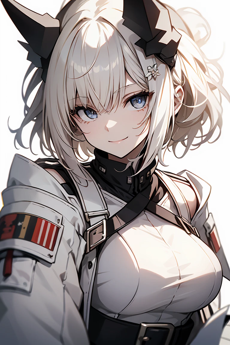 One Girl, whole body, White one-piece military uniform, (Tabletop:1.2, Highest quality), (Beautiful, detailed eyes: 1.2), (Beautifully detailed face), High Contrast, (Best lighting, Very delicate and beautiful), ((Cinematic Light)), Dramatic Light, very orange eyes, Large Breasts, Belt under the chest, White military uniform, White Skirt,Blonde, Black tie, (Pale white background:1.5), Wolf Cut Hair, Look at me and smile,horn