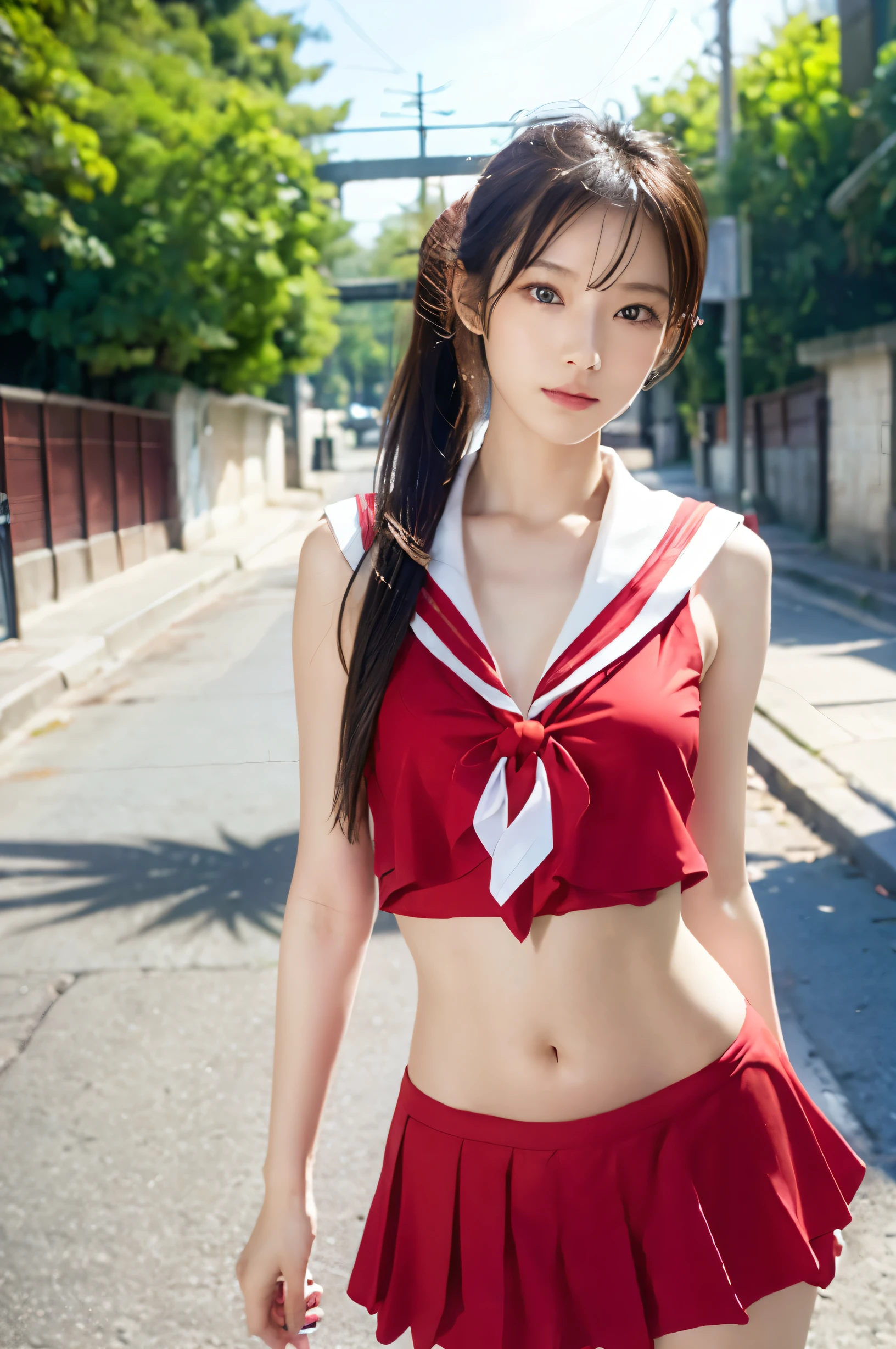 (Ultra HD), (Red sailor suit, Red short skirt), Big Breasts, slender, Narrow waist, (The belly button is visible:0.8), whole body, Standing posture, (Beautiful Skin, Shiny skin, White skin), (Super slim face, Super beautiful face, No makeup), (ponytail, Layered Cut, Fluffy hair), (double eyelid, Slanted Eyes), Small Nose, Thin lips, Thin legs, In front of the school gate