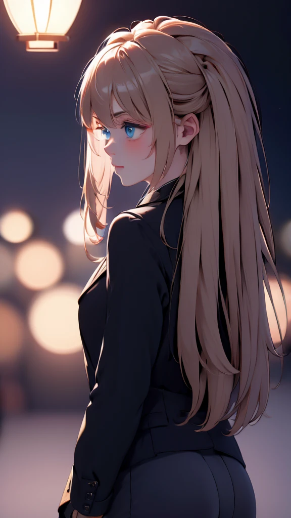1 girl, medium light gold hair, light blue eyes, wearing black suit, night city, absurdres, high res, ultrasharp, 8K, masterpiece, looking from behind