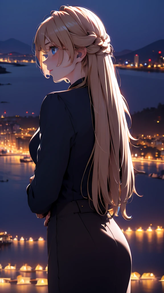 1 girl, medium light gold hair, light blue eyes, wearing black suit, night city, absurdres, high res, ultrasharp, 8K, masterpiece, looking from behind