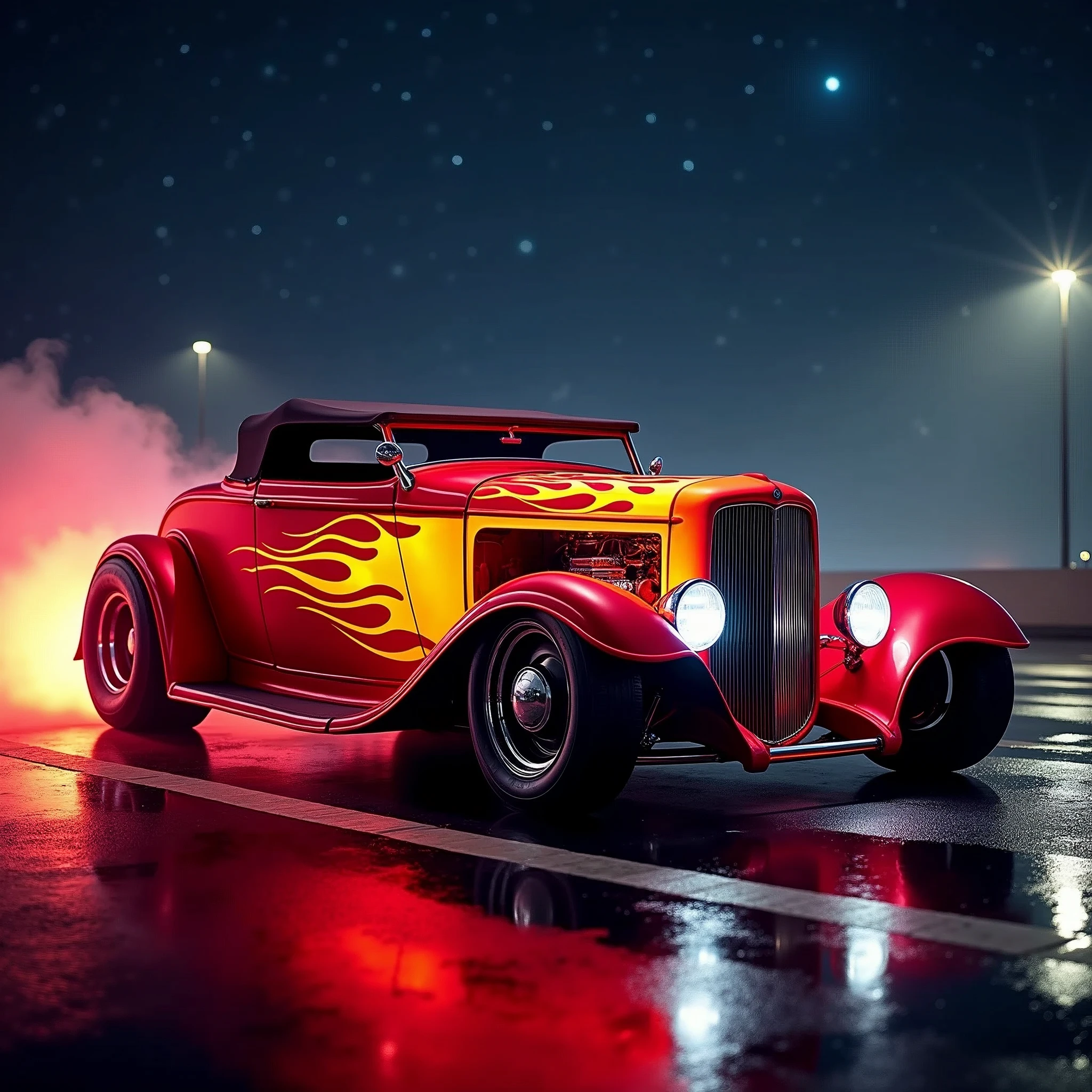 (masterpiece, best quality, ultra-detailed, 8K),50s retro style with modern neon aspect, 1932 Ford Roadster Hot Rod, street racing inspired, LED, ((Twin headlights)), (((Bright flame paint job down the sides of the bright red body of the car))), (Black racing wheels), Wheelspin showing motion, Show car in motion, Burnout, masterpiece, best quality, realistic, ultra highres, (((depth of field))), (full dual colour neon lights:1.2), (hard dual color lighting:1.4), (detailed background), (masterpiece:1.2), (ultra detailed), (best quality), intricate, comprehensive cinematic, magical photography, (gradients), glossy, Night with galaxy sky, Fast action style, fire out of tail pipes, Sideways drifting in to a turn, flame paint with on candy apple metal flake red painted body, aesthetic,intricate, realistic,cinematic lighting,