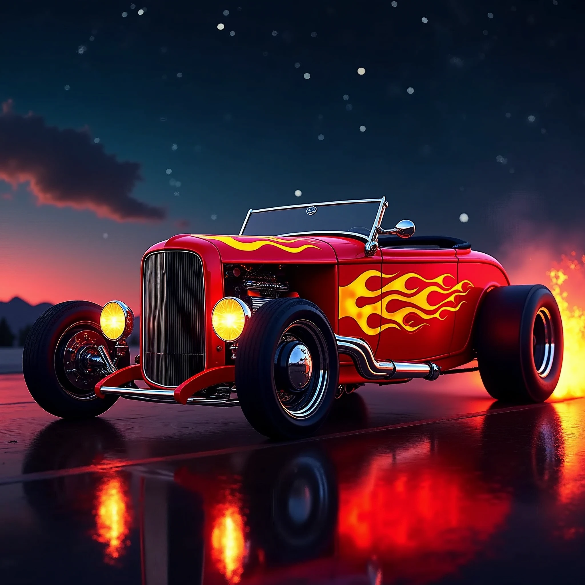 (masterpiece, best quality, ultra-detailed, 8K),50s retro style with modern neon aspect, 1932 Ford Roadster Hot Rod, street racing inspired, LED, ((Twin headlights)), (((Bright flame paint job down the sides of the bright red body of the car))), (Black racing wheels), Wheelspin showing motion, Show car in motion, Burnout, masterpiece, best quality, realistic, ultra highres, (((depth of field))), (full dual colour neon lights:1.2), (hard dual color lighting:1.4), (detailed background), (masterpiece:1.2), (ultra detailed), (best quality), intricate, comprehensive cinematic, magical photography, (gradients), glossy, Night with galaxy sky, Fast action style, fire out of tail pipes, Sideways drifting in to a turn, flame paint with on candy apple metal flake red painted body, aesthetic,intricate, realistic,cinematic lighting,