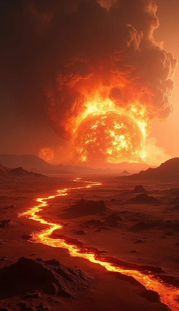 Photographic Ultra-Realism Mars explosion seen from space Magma cracks on the surface radiation Fantasy Vision