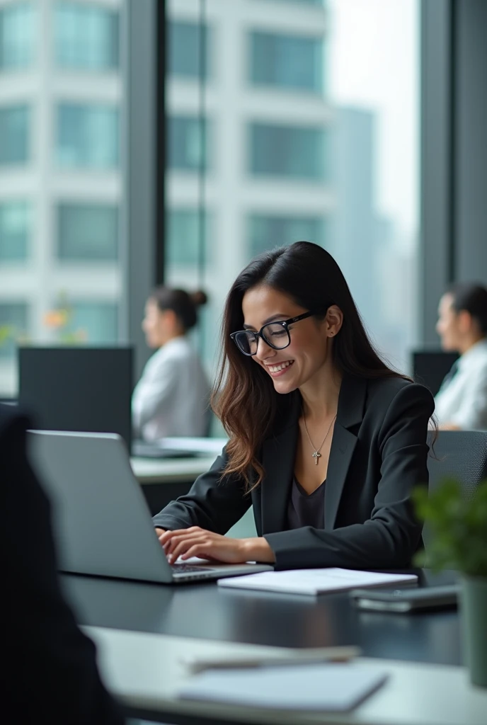 A women , black hairs , smiling , wearing glasses , well office dressed , sitting in well maintained office made of glass work at 12th floor , MacBook 
using , energized and positive , side looking view and in background office worker working in a blur
