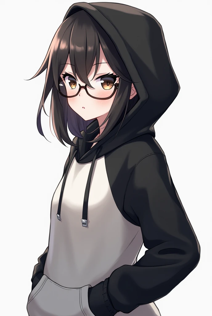 1 woman , Wear a black and white hoodie , A little bit realistic , white skin , Details 2k , Wear glasses , A little bit of anime
