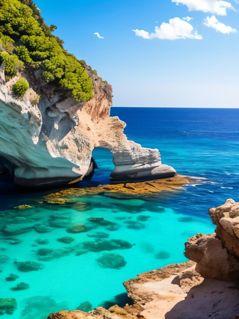 arafed view of a rocky cliff and clear blue water, a picture by Alexis Grimou, unsplash, les nabis, turquoise water, island with cave, view from the sea, puddles of turquoise water, blue waters, turquoise ocean, red sea, incredibly beautiful, azure blue water, clear blue water, white stone arches, cyprus