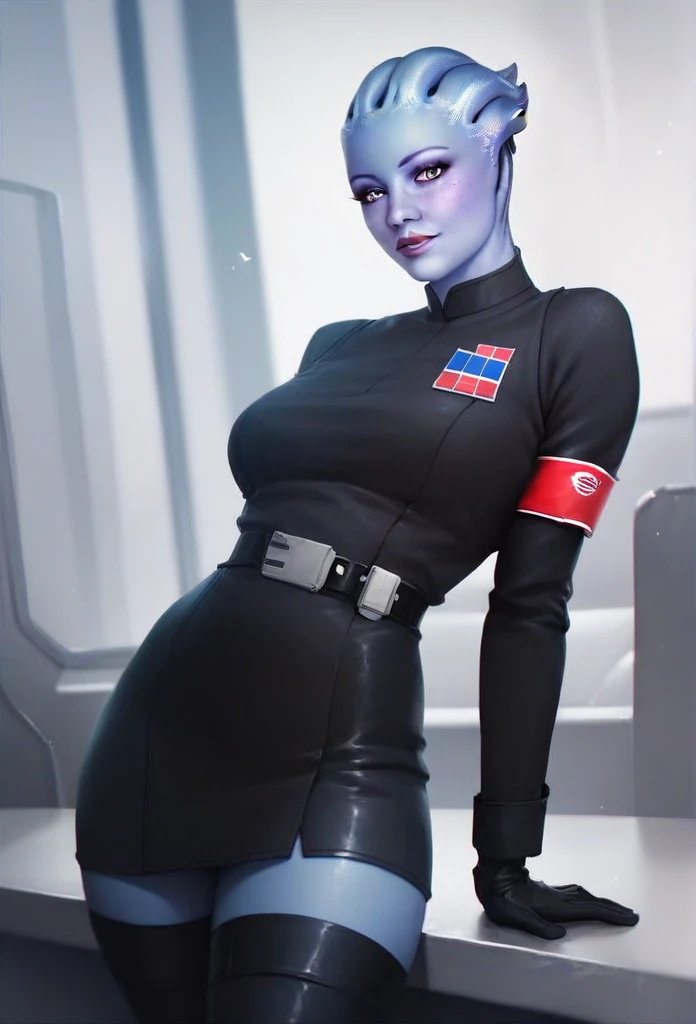 1girl, asari woman, pale blue skin, Imperial officer wearing a black uniform, looking at viewer, high resolution, masterpiece