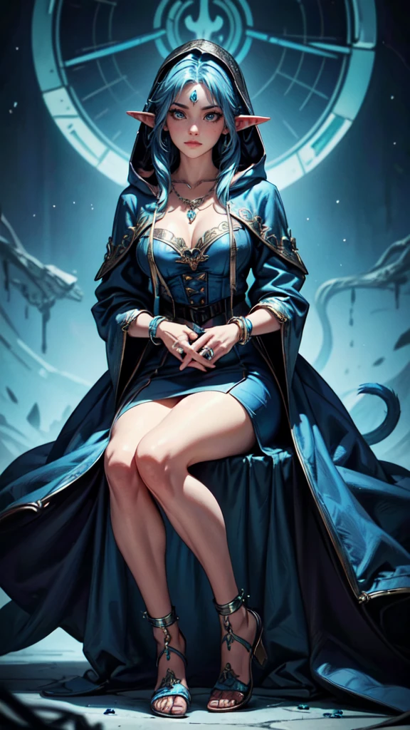 detailed face, detailed eyes, detailed hands, elf woman, full body,, huge, Double tail, blue hair, Hoodies, retro gothic, posture, Lovely, face up, high quality, necklace, ring, bracelet, earrings,long legs,looking down