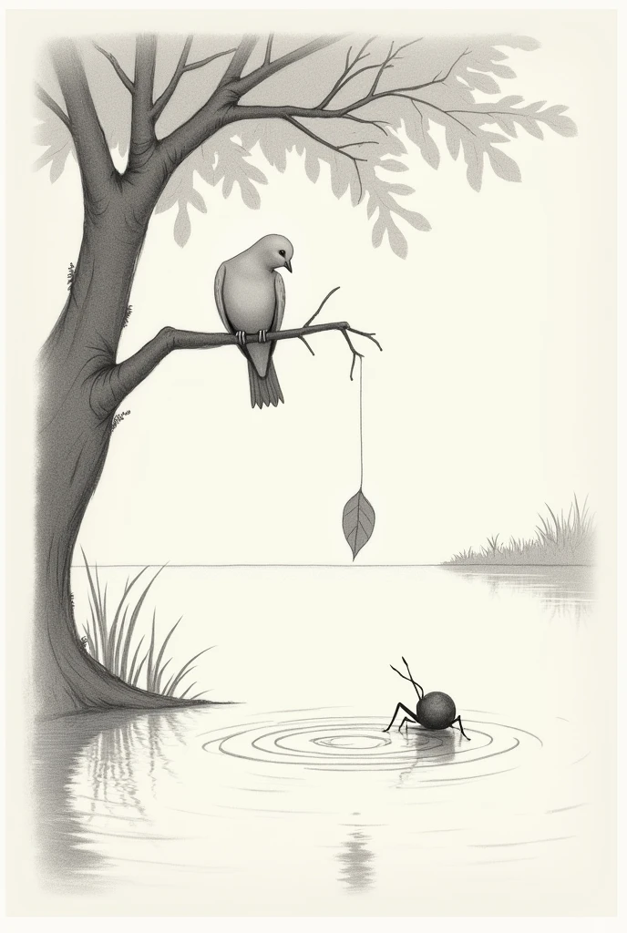 Generate Sketch picture of a dove sitting on a branch of tree throwing a leaf in the lake where ant is drowning